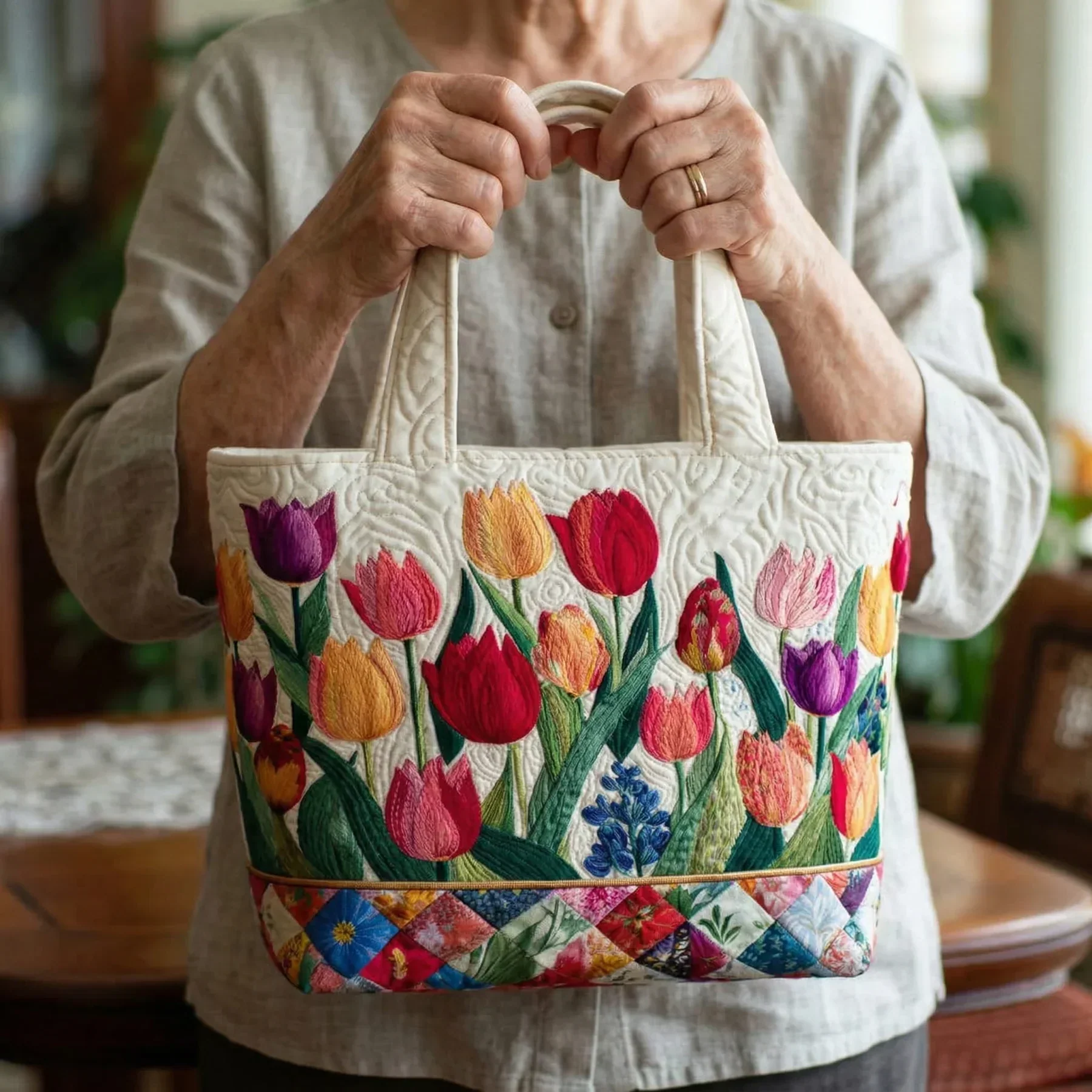 Quilted Tote Bag - Tulip Garden - Image 2